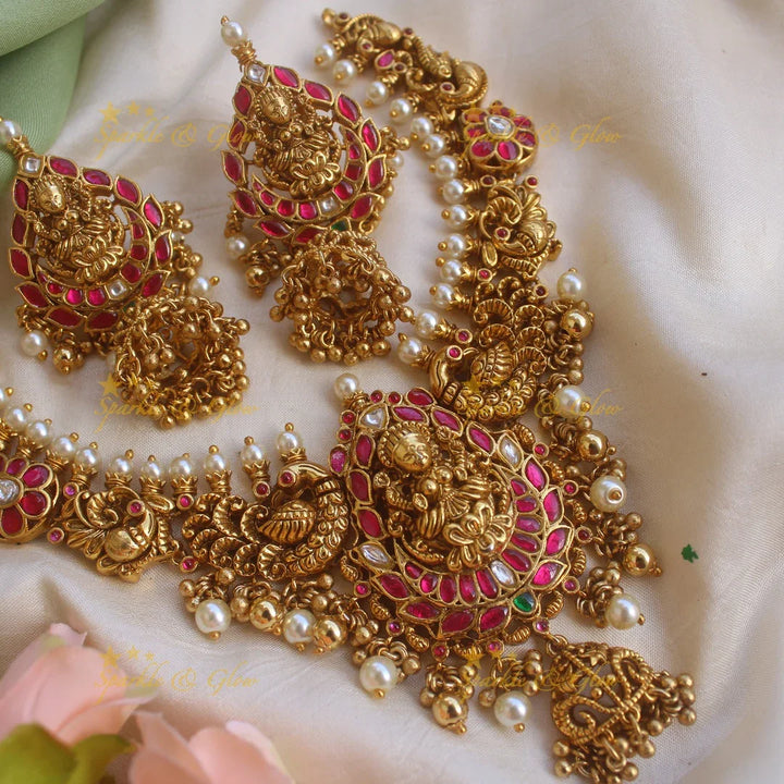Beautiful Lakshmi peacock floral jhumuka drop Jadau short necklace with pearls and gold beads - Sparkle and Glow
