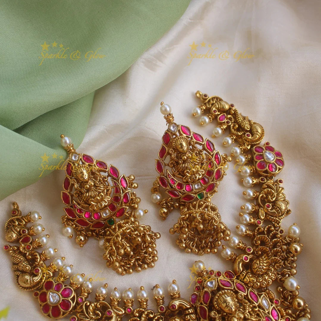 Beautiful Lakshmi peacock floral jhumuka drop Jadau short necklace with pearls and gold beads - Sparkle and Glow