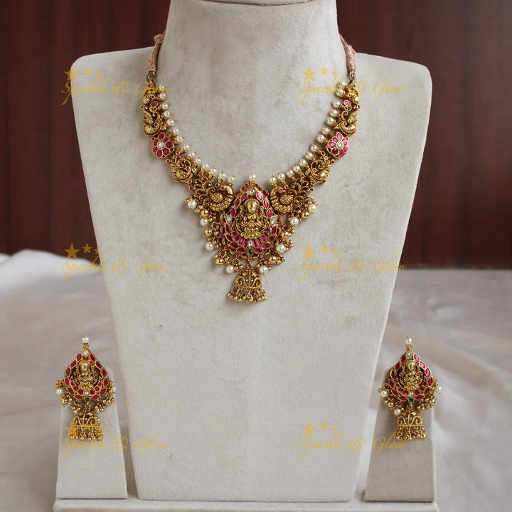 Beautiful Lakshmi peacock floral jhumuka drop Jadau short necklace with pearls and gold beads - Sparkle and Glow