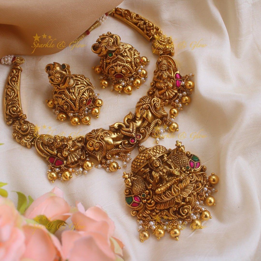 Exquisite Lakshmi elephant peacock carved short necklace with gold beads - Sparkle and Glow