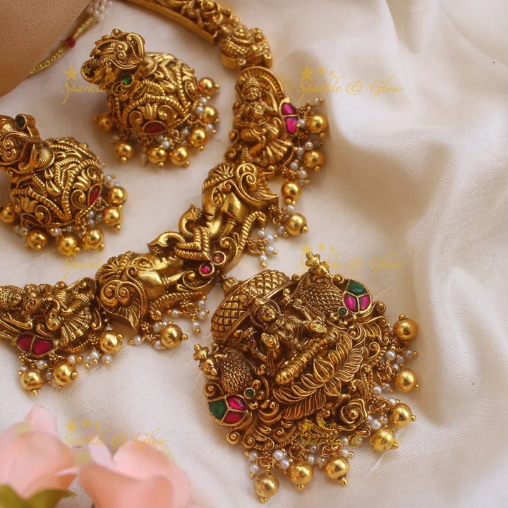 Exquisite Lakshmi elephant peacock carved short necklace with gold beads - Sparkle and Glow