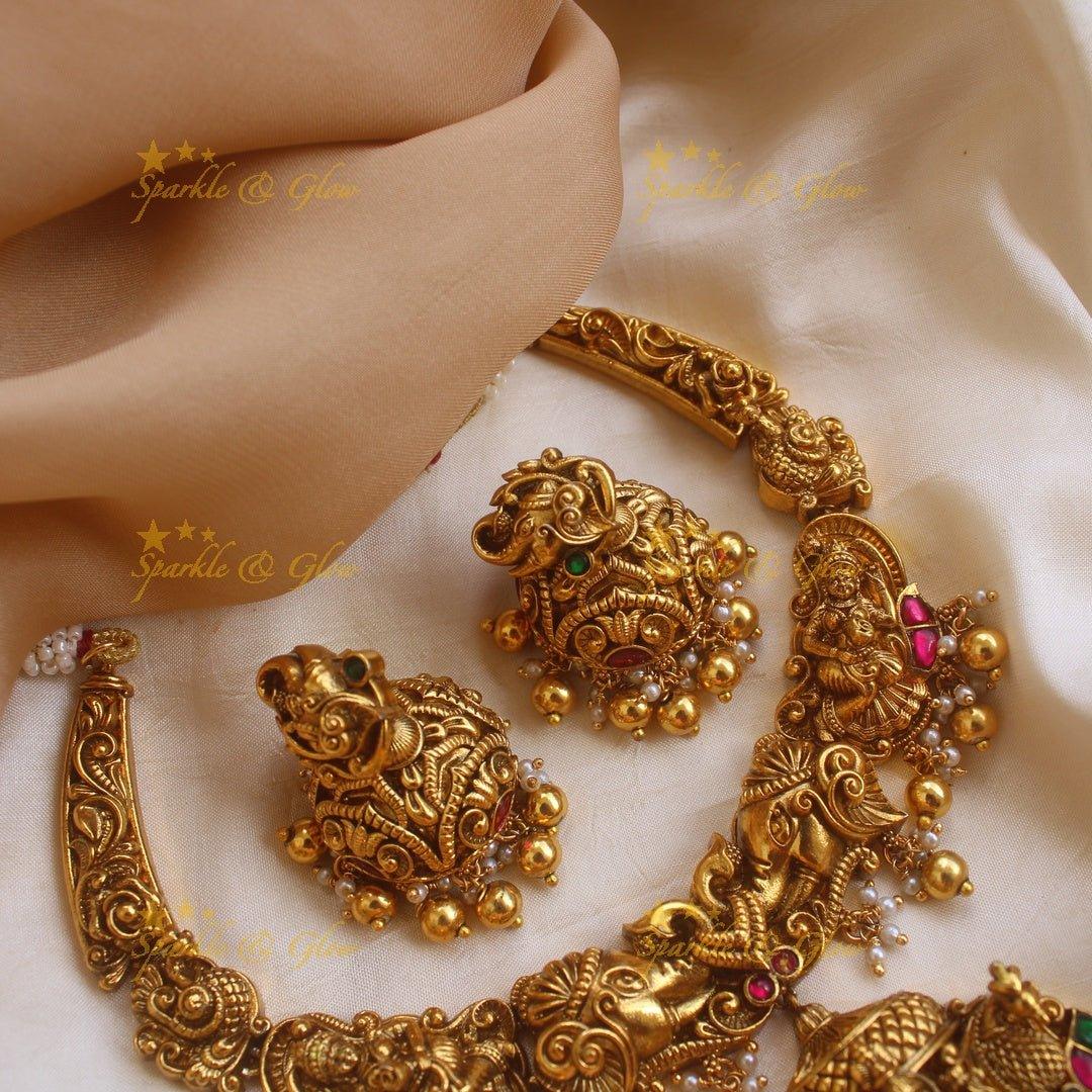 Exquisite Lakshmi elephant peacock carved short necklace with gold beads - Sparkle and Glow