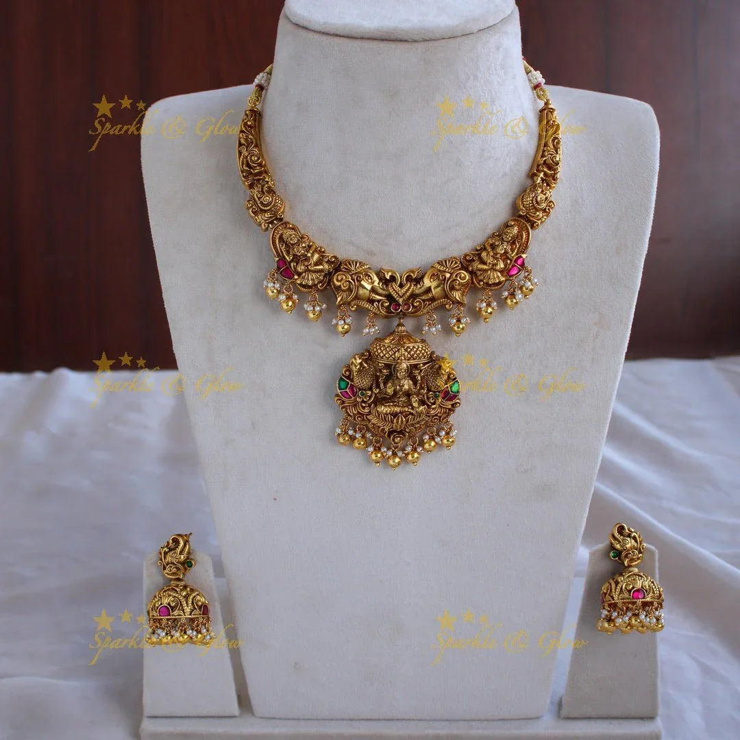 Exquisite Lakshmi elephant peacock carved short necklace with gold beads - Sparkle and Glow