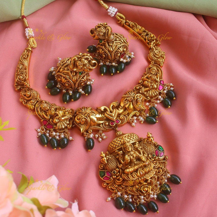 Exquisite Lakshmi elephant peacock carved short necklace with gold beads - Sparkle and Glow
