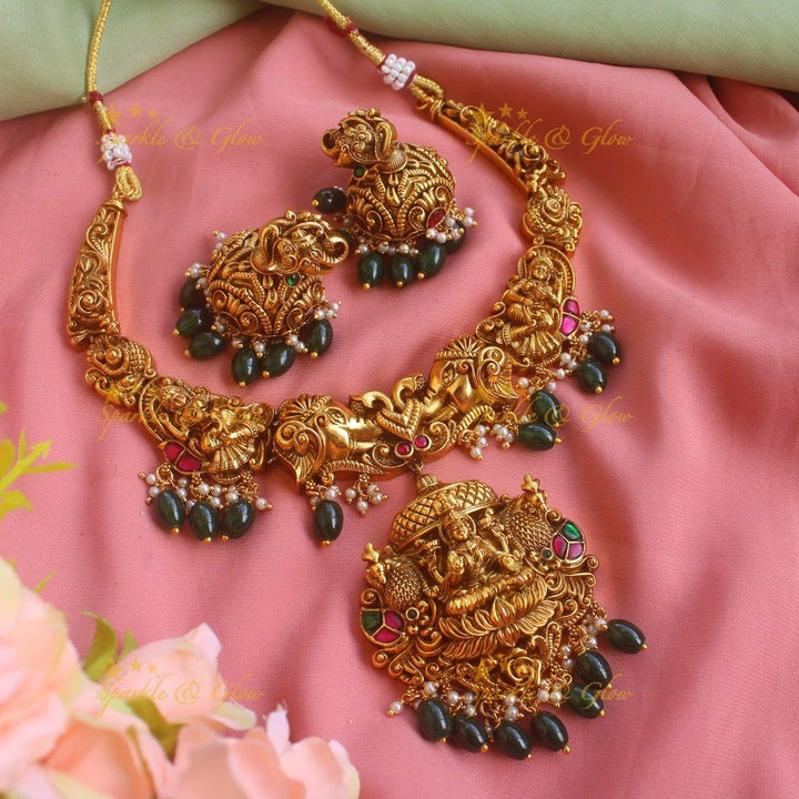 Exquisite Lakshmi elephant peacock carved short necklace with gold beads - Sparkle and Glow