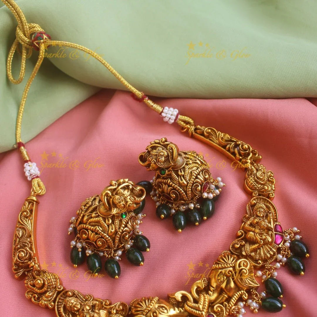 Exquisite Lakshmi elephant peacock carved short necklace with gold beads - Sparkle and Glow