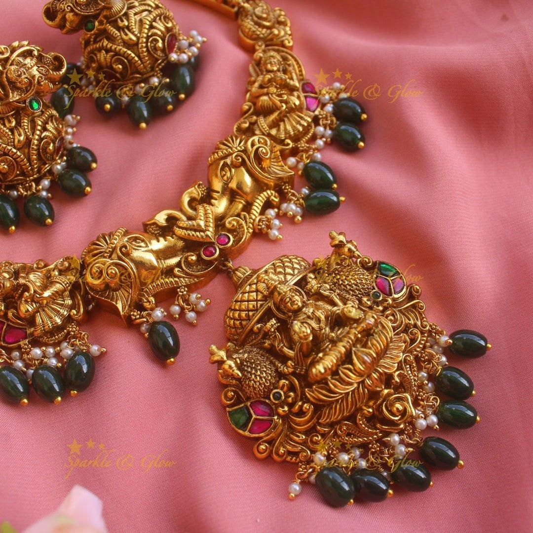 Exquisite Lakshmi elephant peacock carved short necklace with gold beads - Sparkle and Glow