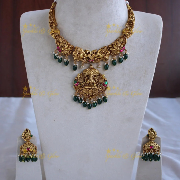 Exquisite Lakshmi elephant peacock carved short necklace with gold beads - Sparkle and Glow