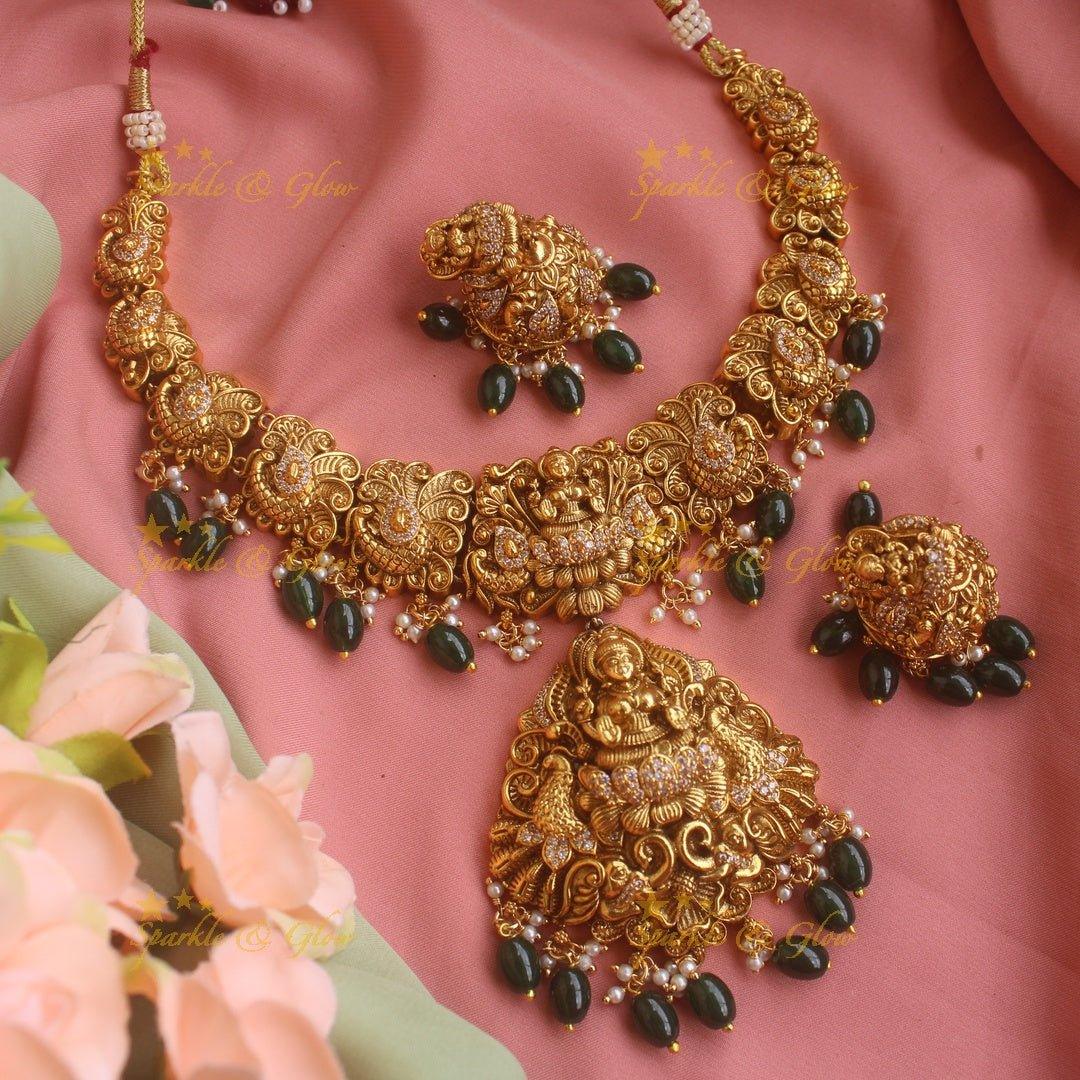 Stunning gold alike Lakshmi peacock carved short necklace with CZ stones and mint green beads - Sparkle and Glow