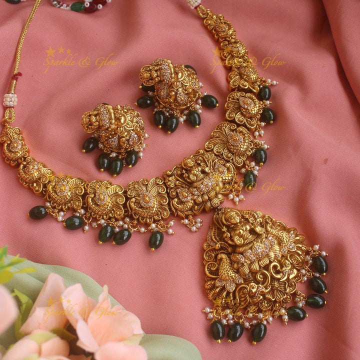 Stunning gold alike Lakshmi peacock carved short necklace with CZ stones and mint green beads - Sparkle and Glow