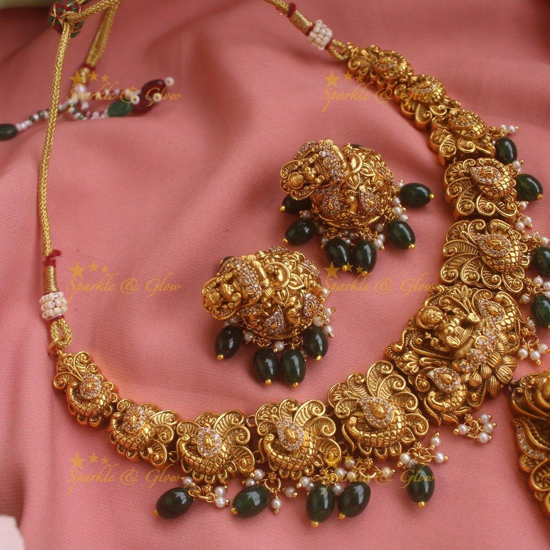Stunning gold alike Lakshmi peacock carved short necklace with CZ stones and mint green beads - Sparkle and Glow