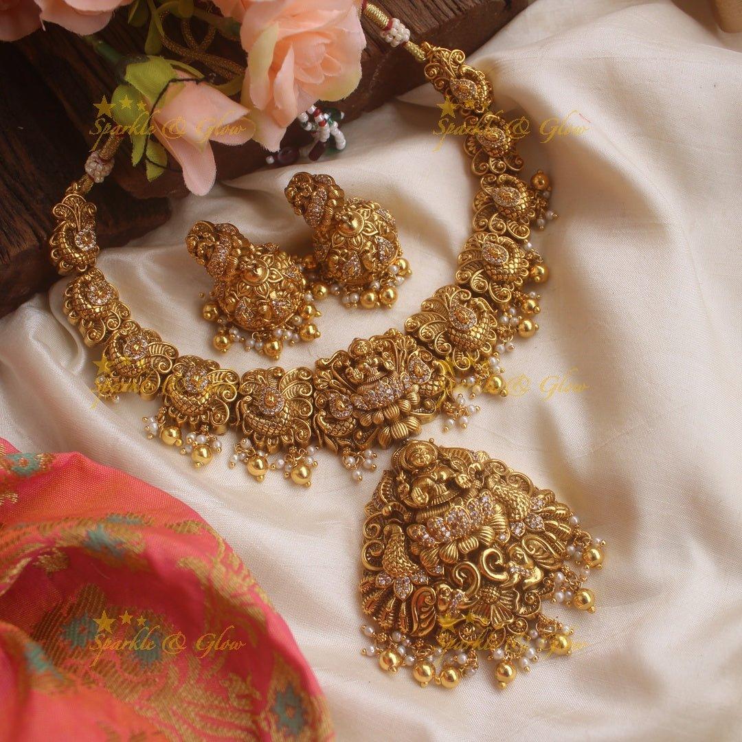 Stunning gold alike Lakshmi peacock carved short necklace with CZ stones and mint green beads - Sparkle and Glow