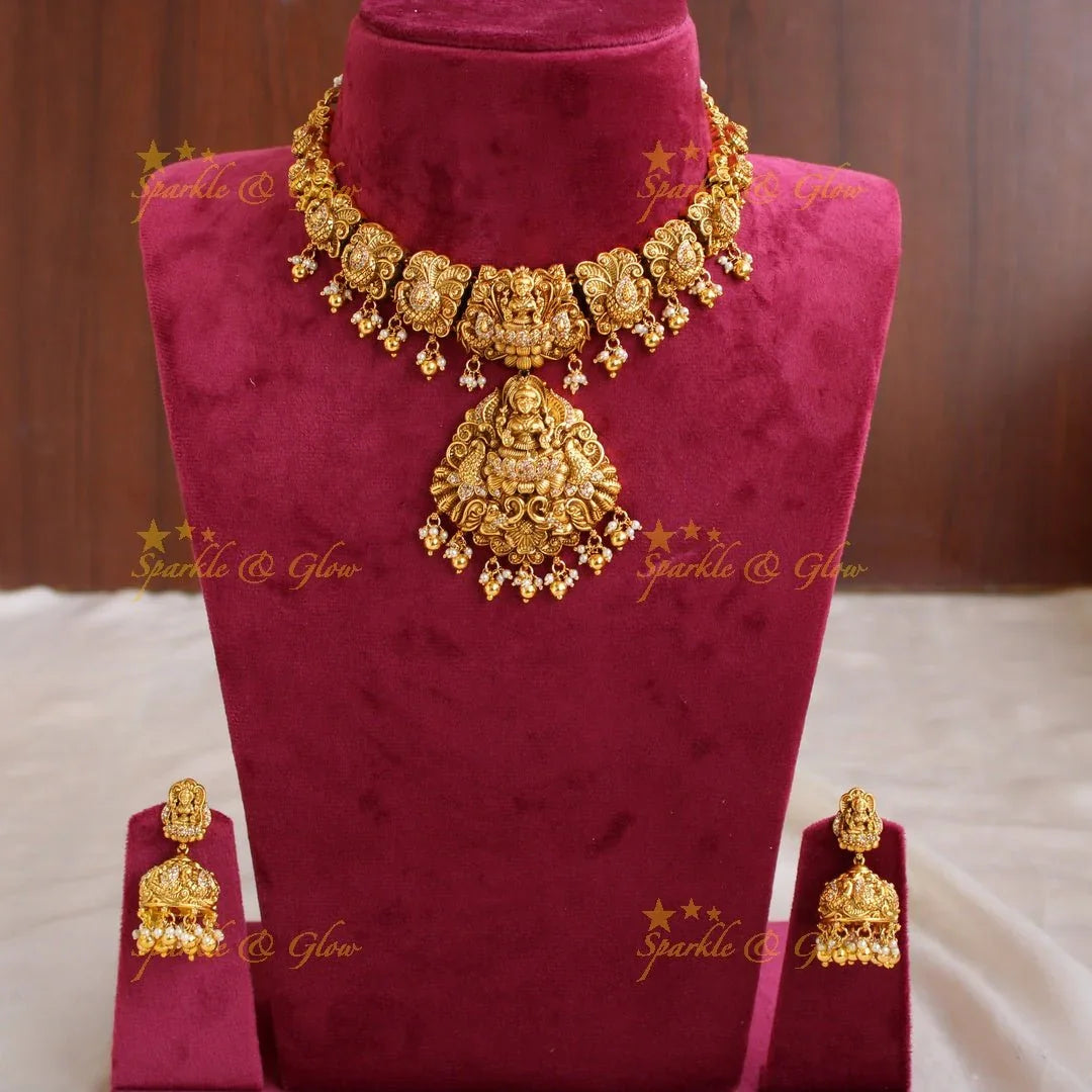 Stunning gold alike Lakshmi peacock carved short necklace with CZ stones and mint green beads - Sparkle and Glow