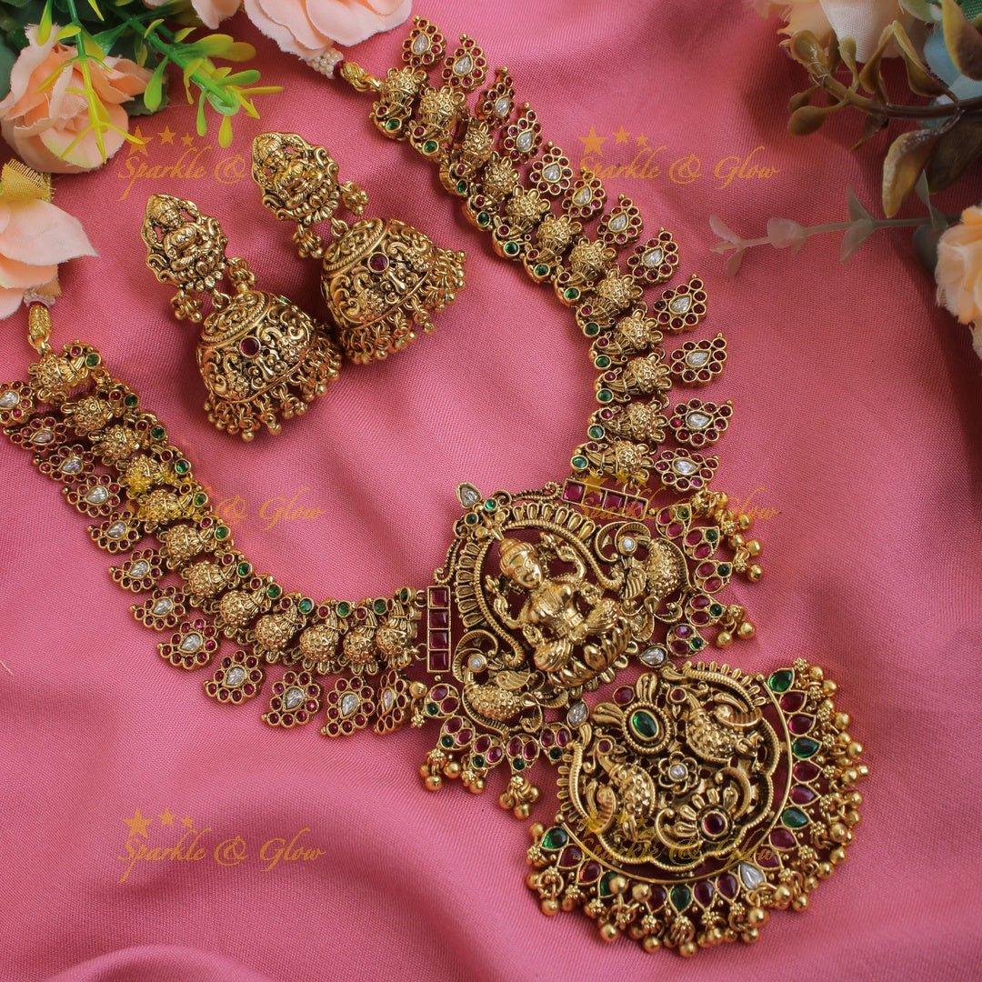 Gorgeous Lakshmi mango peacock short necklace with ruby emerald and gold beads - Sparkle and Glow