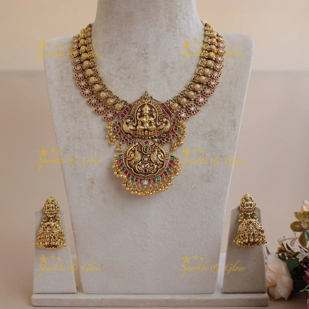 Gorgeous Lakshmi mango peacock short necklace with ruby emerald and gold beads - Sparkle and Glow