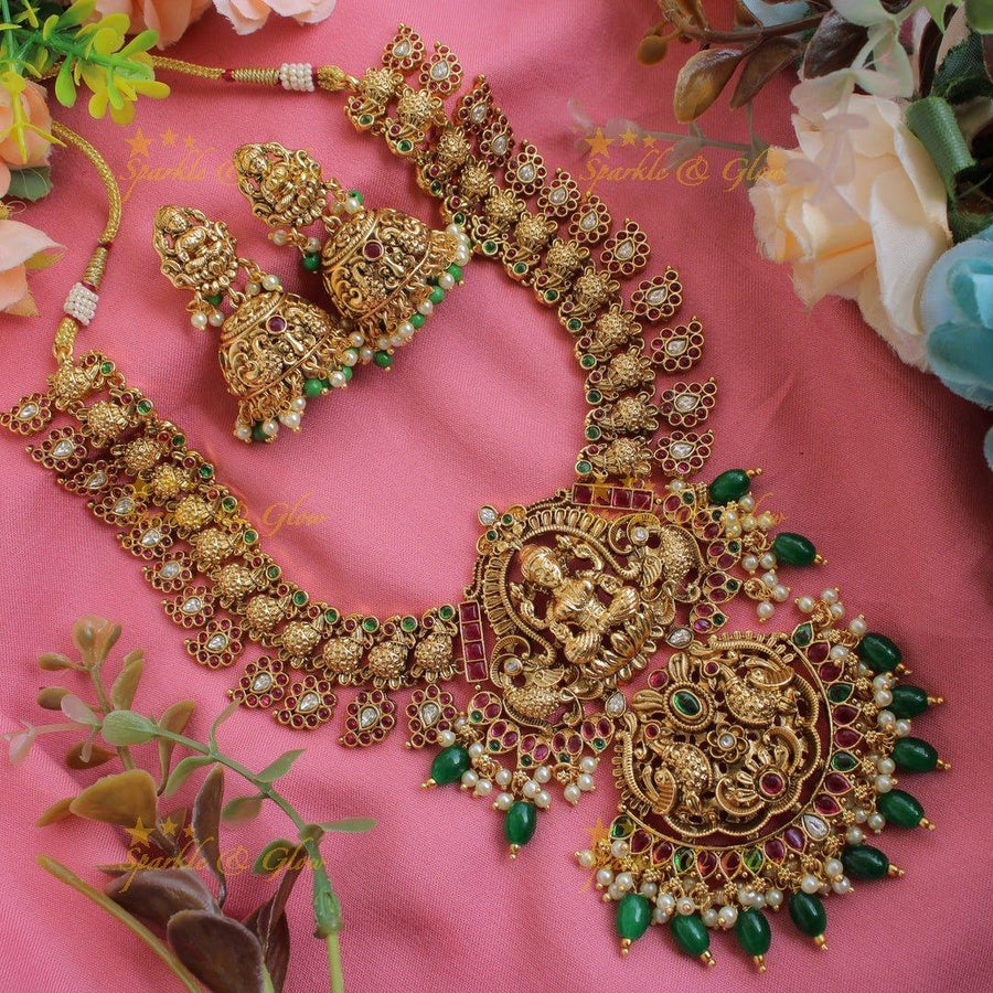 Gorgeous Lakshmi mango peacock short necklace with ruby emerald and gold beads - Sparkle and Glow