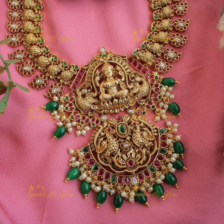 Gorgeous Lakshmi mango peacock short necklace with ruby emerald and gold beads - Sparkle and Glow