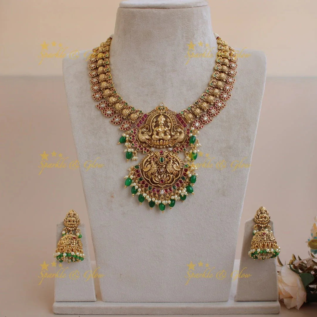 Gorgeous Lakshmi mango peacock short necklace with ruby emerald and gold beads - Sparkle and Glow