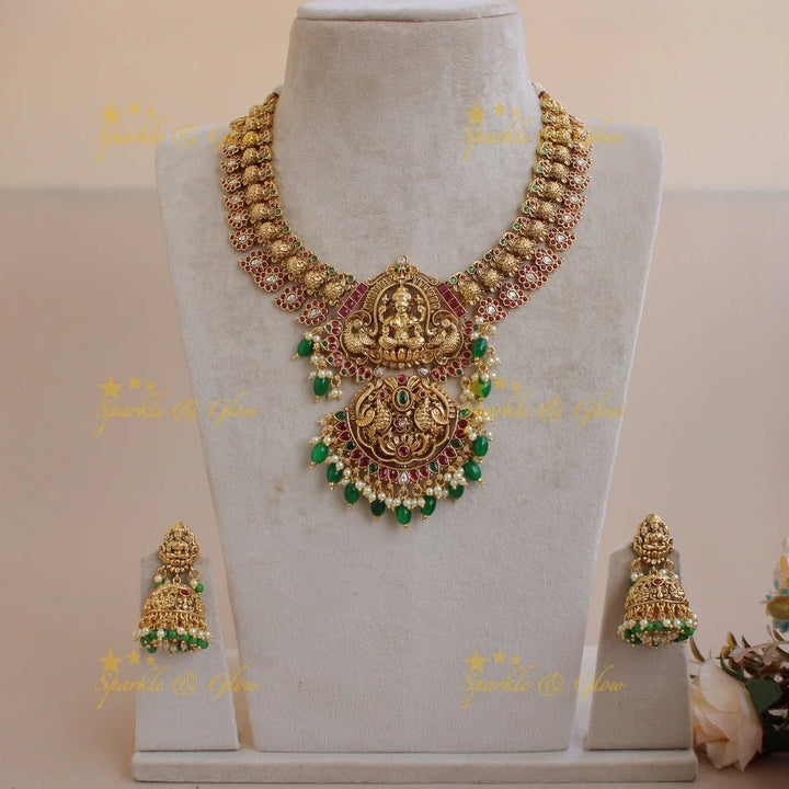 Gorgeous Lakshmi mango peacock short necklace with ruby emerald and gold beads - Sparkle and Glow