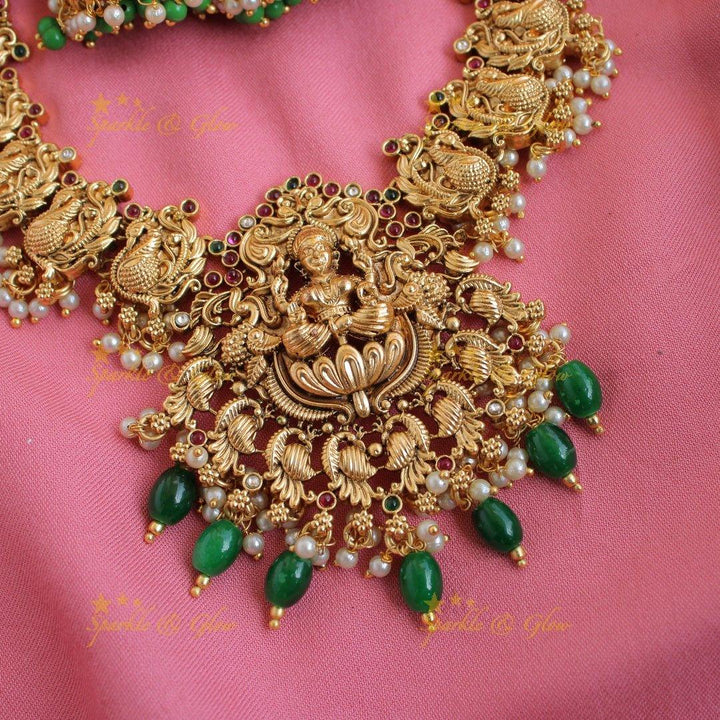 Beautiful Lakshmi peacock carved short necklace with stones and green beads - Sparkle and Glow