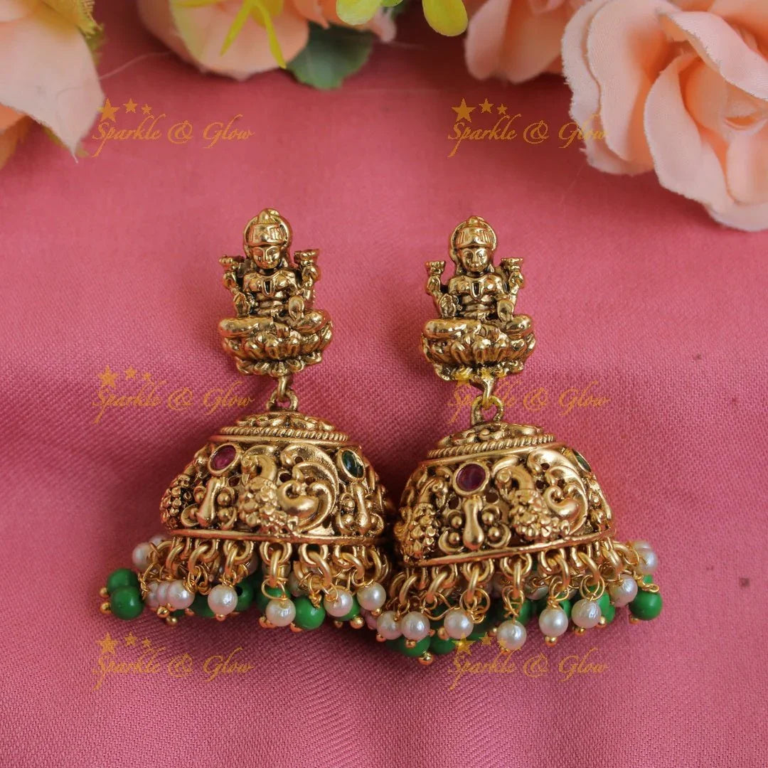 Beautiful Lakshmi peacock carved short necklace with stones and green beads - Sparkle and Glow