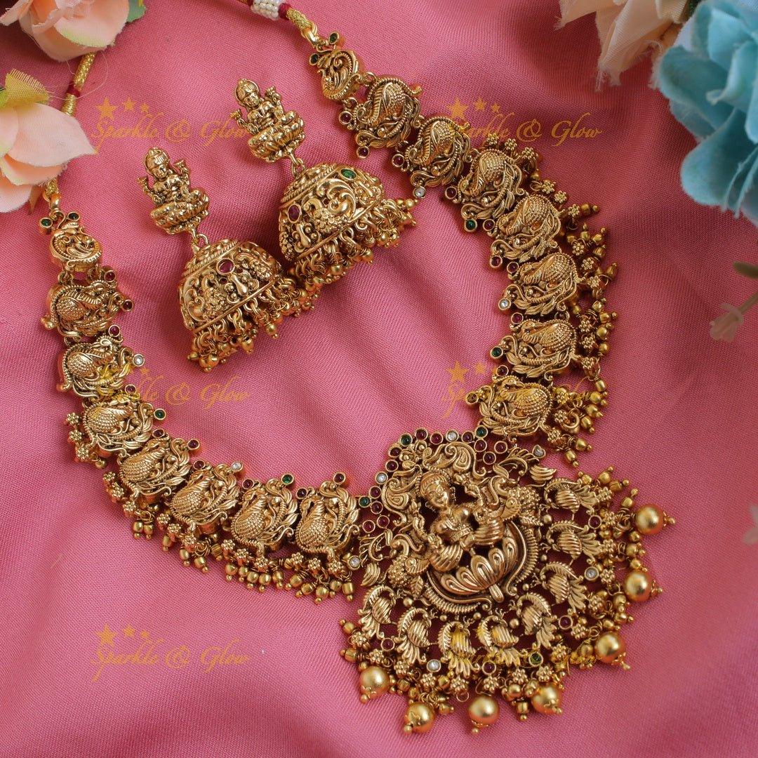 Beautiful Lakshmi peacock carved short necklace with stones and green beads - Sparkle and Glow