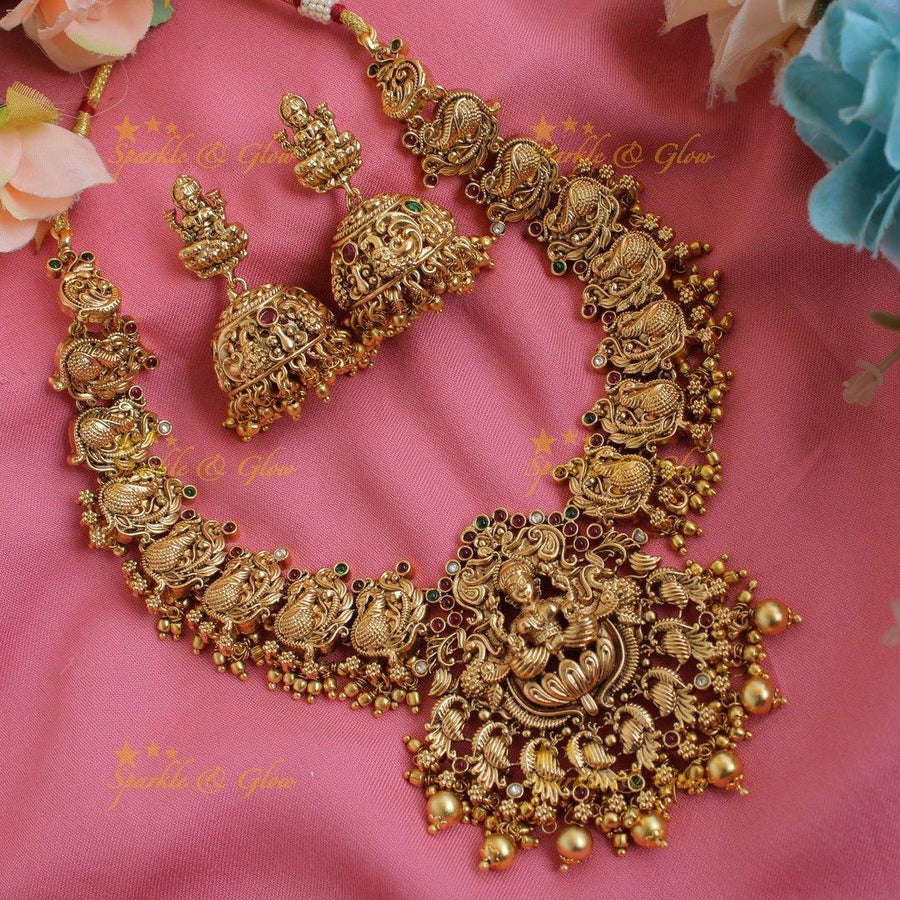 Beautiful Lakshmi peacock carved short necklace with stones and green beads - Sparkle and Glow