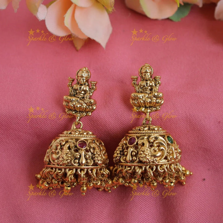 Beautiful Lakshmi peacock carved short necklace with stones and green beads - Sparkle and Glow