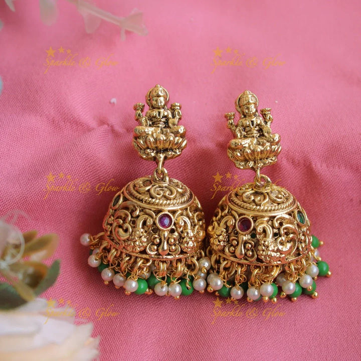 Grand exclusive Lakshmi peacock carved long necklace with stones and green beads - Sparkle and Glow