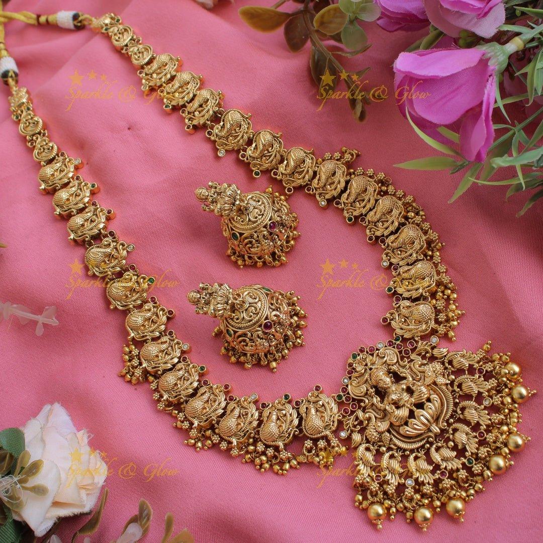 Grand exclusive Lakshmi peacock carved long necklace with stones and green beads - Sparkle and Glow