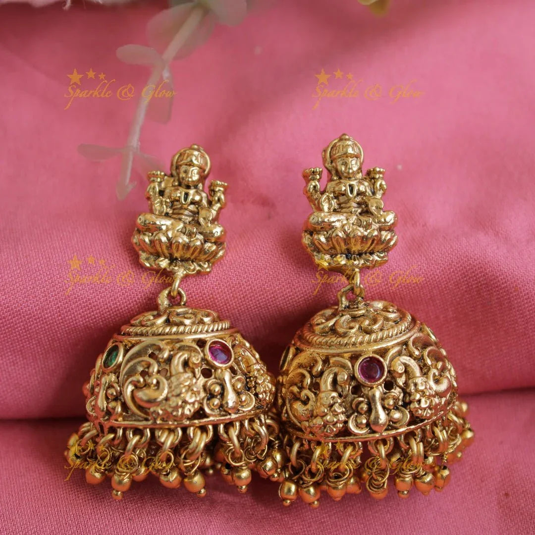 Grand exclusive Lakshmi peacock carved long necklace with stones and green beads - Sparkle and Glow