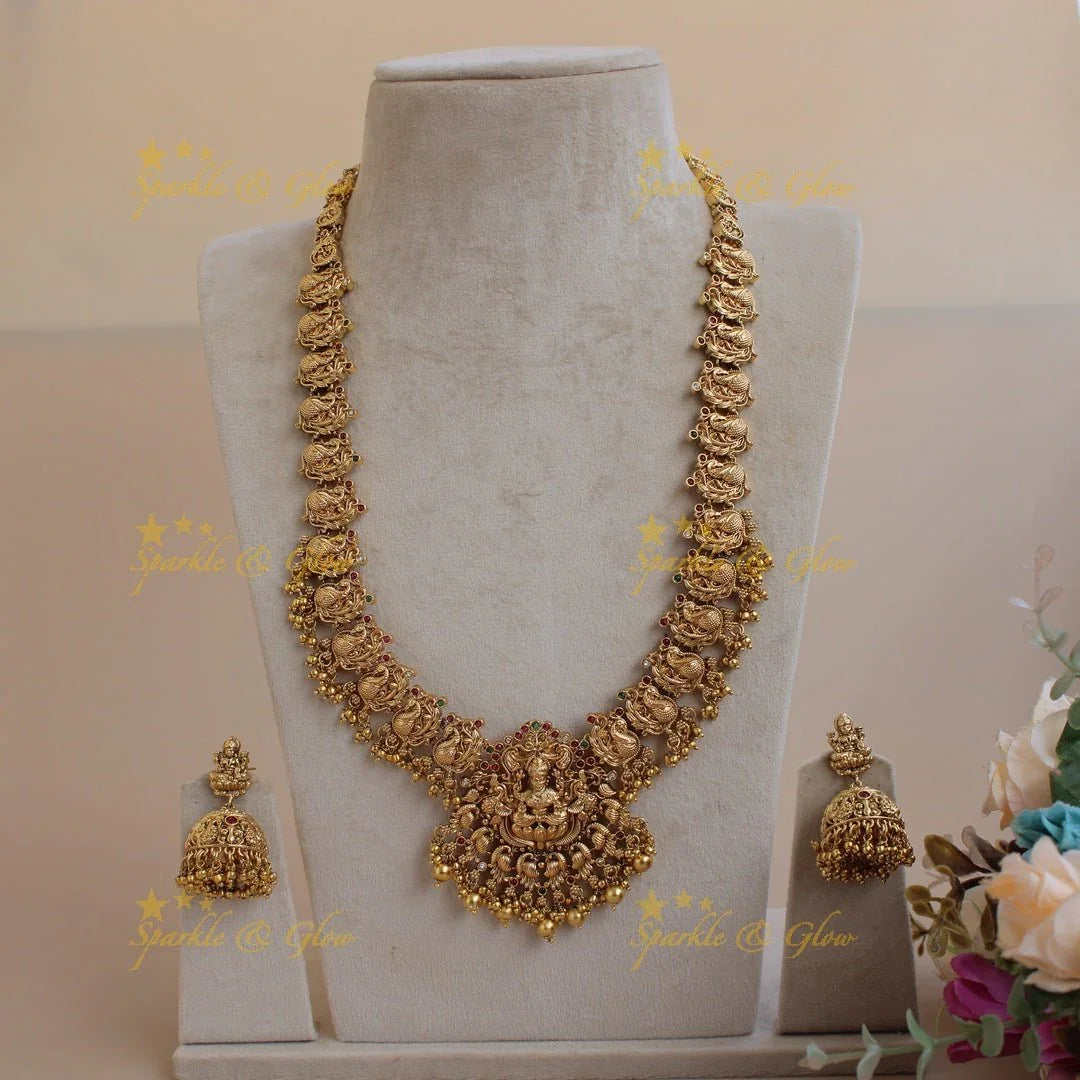 Grand exclusive Lakshmi peacock carved long necklace with stones and green beads - Sparkle and Glow