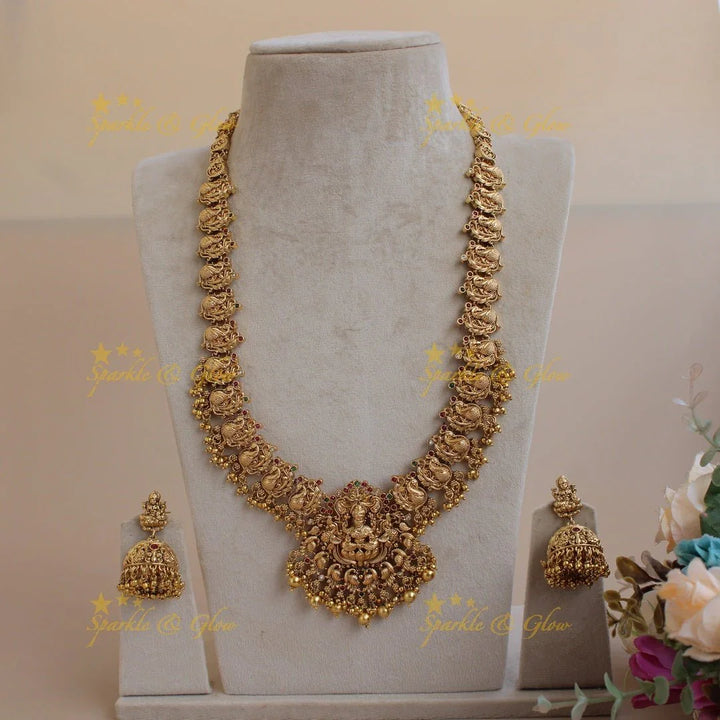 Grand exclusive Lakshmi peacock carved long necklace with stones and green beads - Sparkle and Glow