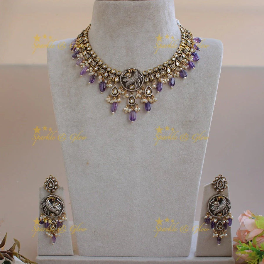 Elegant Peacock Elephant design victorian AD gutta pusalu short necklace with purple beads - Sparkle and Glow