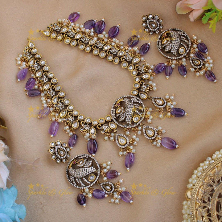 Elegant Peacock Elephant design victorian AD gutta pusalu short necklace with purple beads - Sparkle and Glow