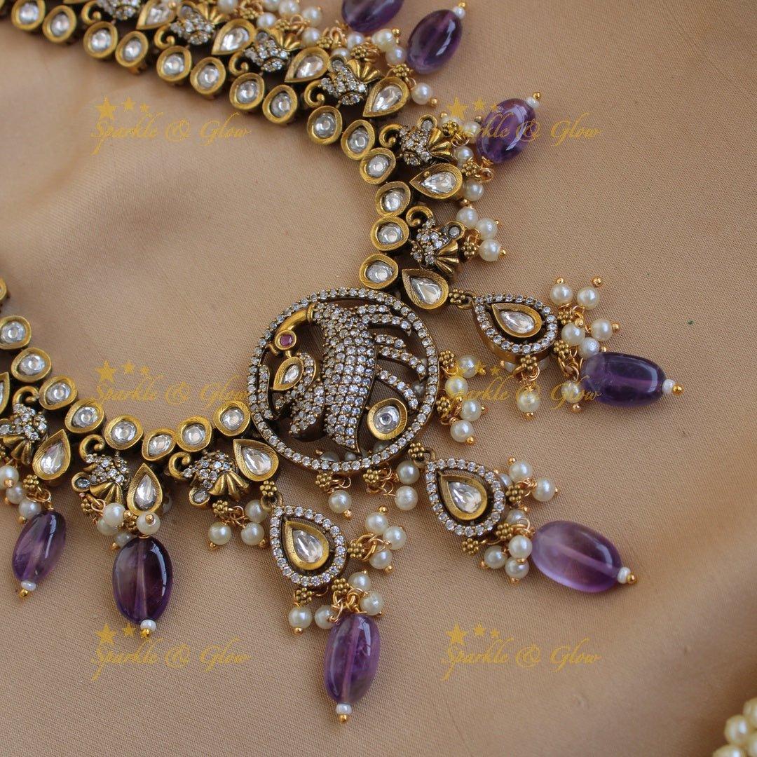 Elegant Peacock Elephant design victorian AD gutta pusalu short necklace with purple beads - Sparkle and Glow