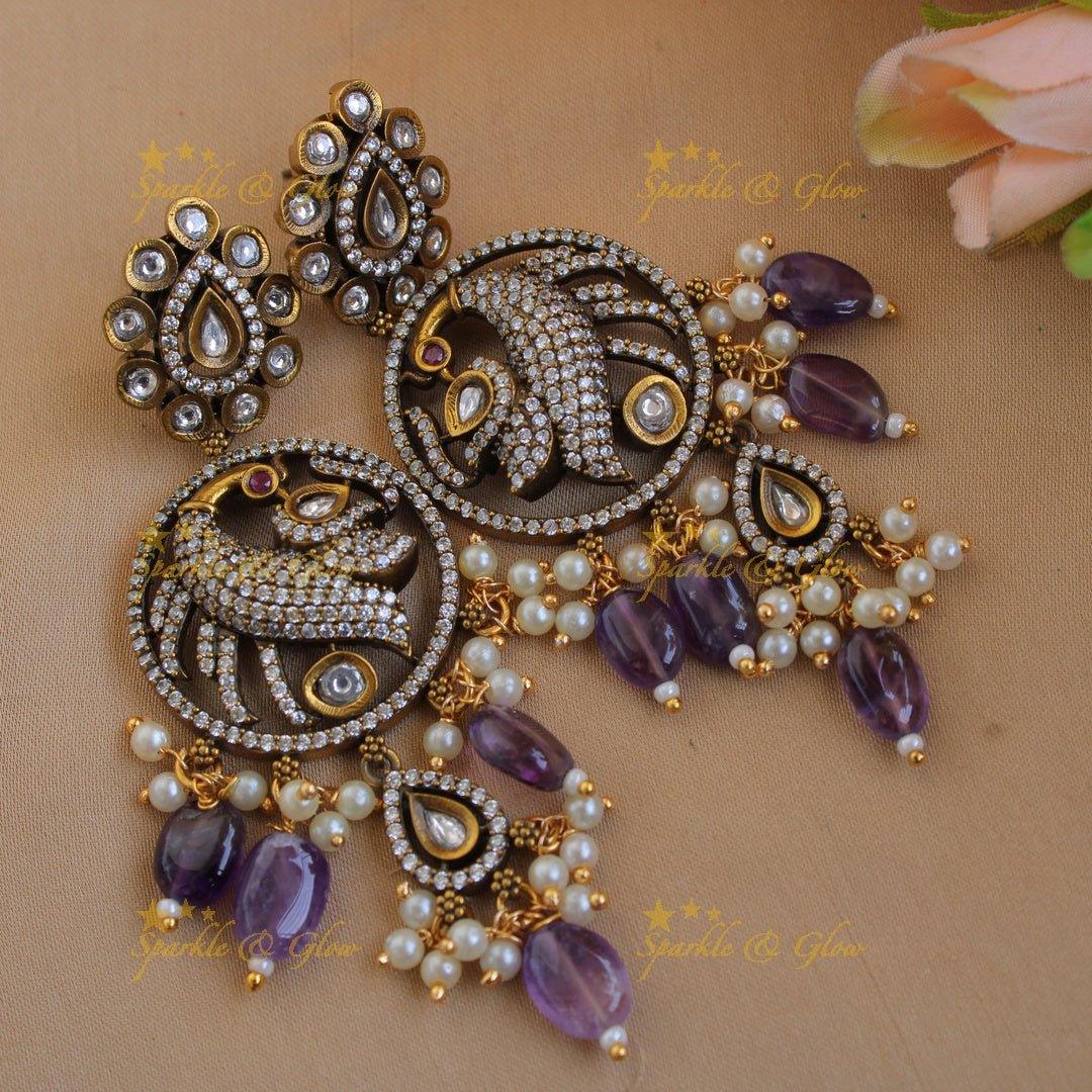 Elegant Peacock Elephant design victorian AD gutta pusalu short necklace with purple beads - Sparkle and Glow