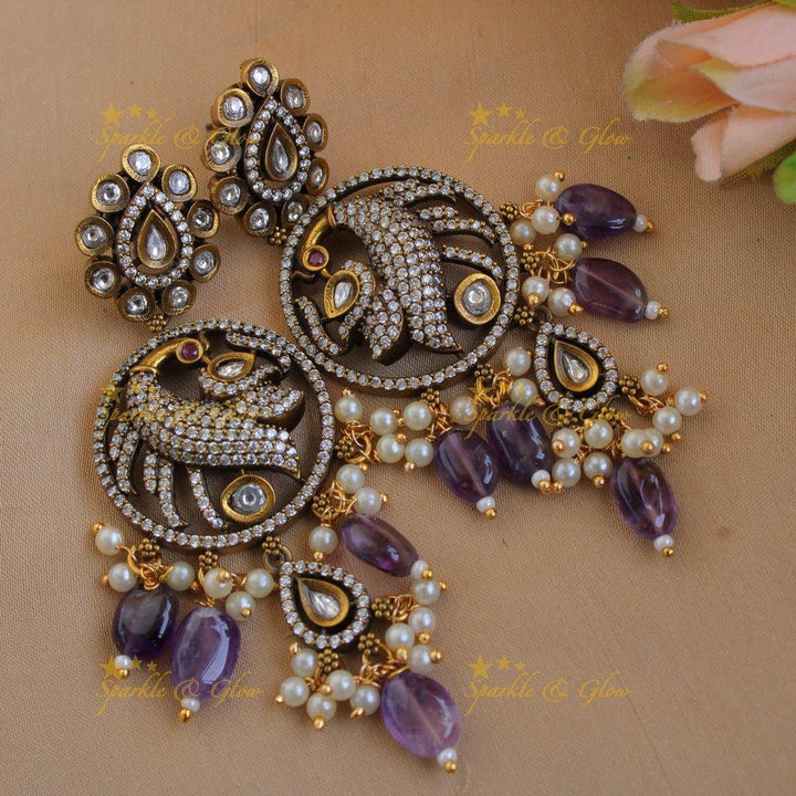 Elegant Peacock Elephant design victorian AD gutta pusalu short necklace with purple beads - Sparkle and Glow