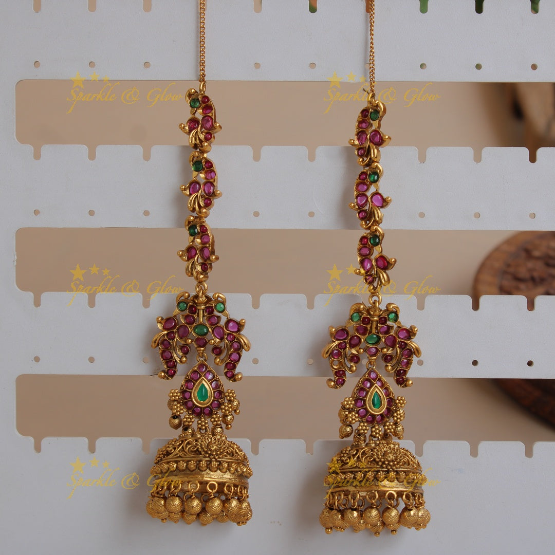 Statement gold alike peacock carved kemp stone jhumukas with earchain with gold beads