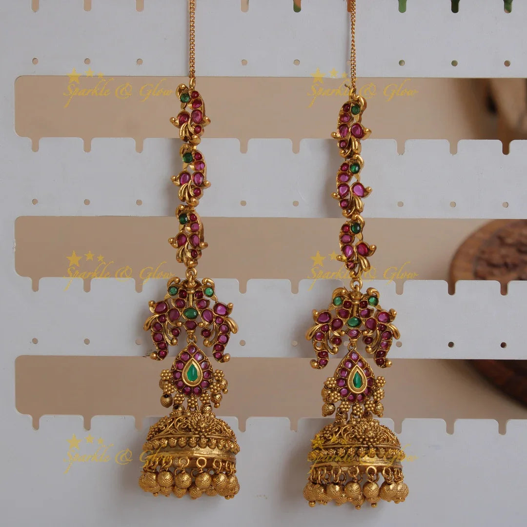 Statement gold alike peacock carved kemp stone jhumukas with earchain with gold beads - Sparkle and Glow