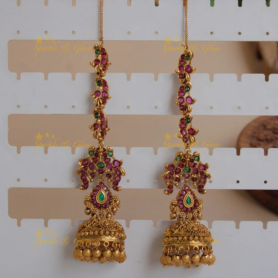 Statement gold alike peacock carved kemp stone jhumukas with earchain with gold beads - Sparkle and Glow
