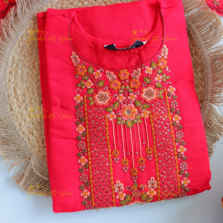Beautiful Modal Silk Kurti pant with Organza Dupatta set- Pink - Sparkle and Glow