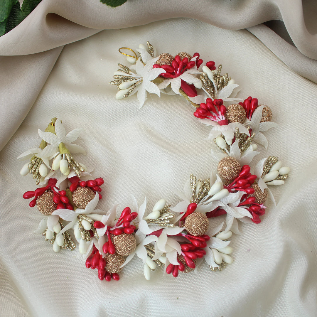 Red & White Artificial Floral Bun Gajra with Golden Accents - Sparkle and Glow