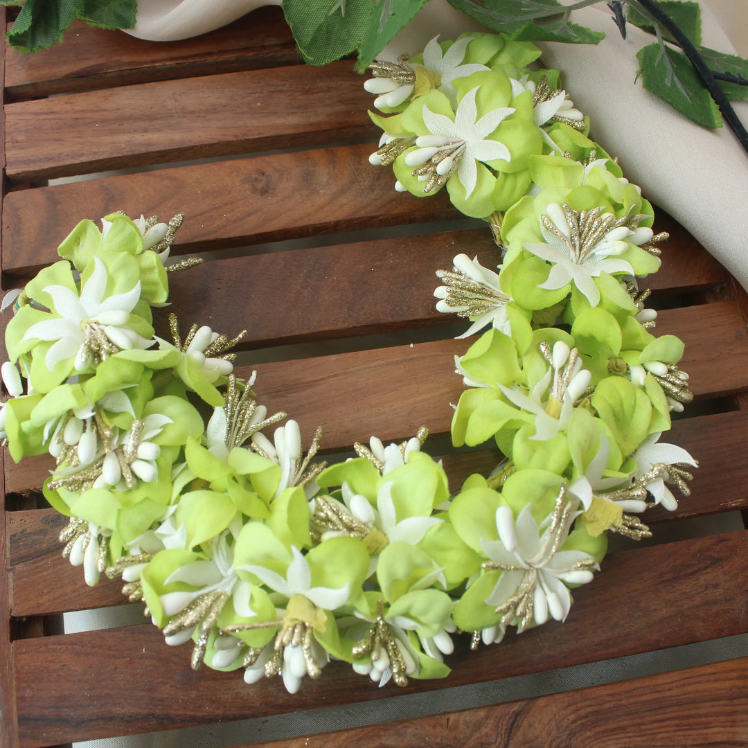Light Green & White Artificial Floral Hair Gajra with Golden Accents - Sparkle and Glow