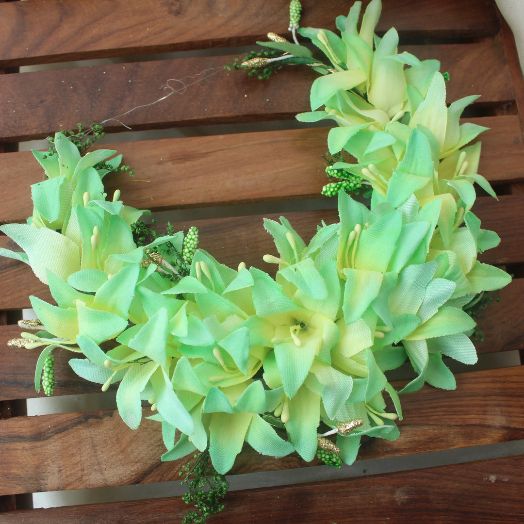 Light Green Artificial Floral Gajra with Bud Accents – Bun Hair Accessory - Sparkle and Glow