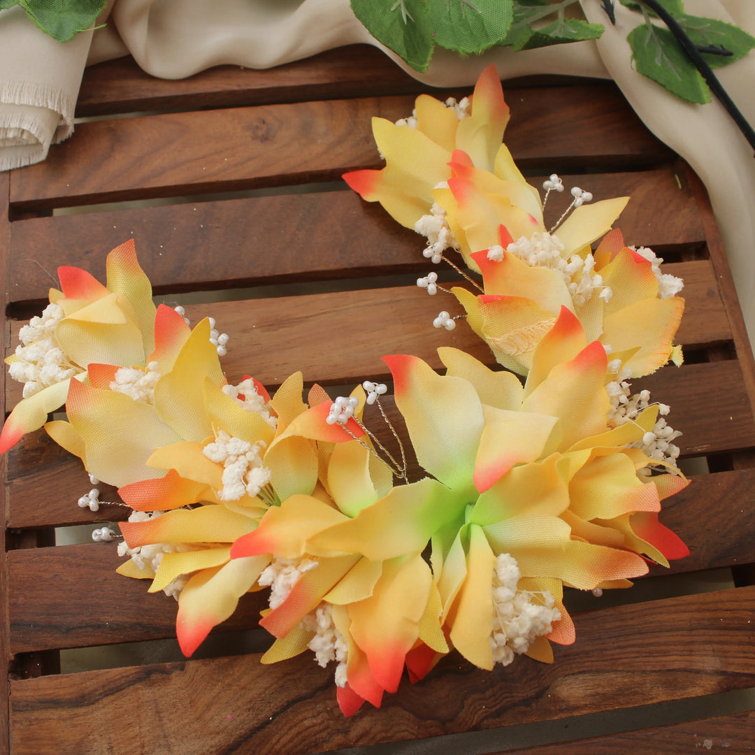 Yellow & Orange Artificial Floral Hair Gajra - Sparkle and Glow