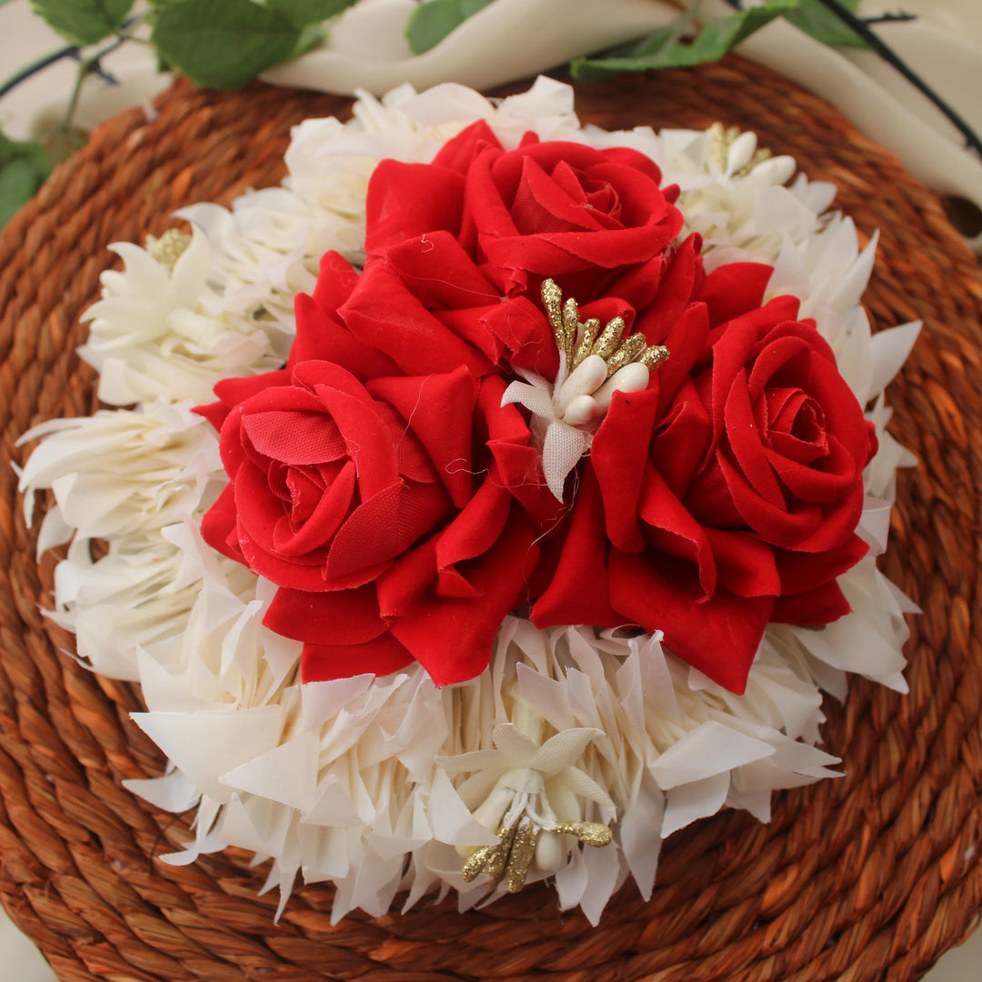 Red & White Artificial Rose Veni Gajra – Bridal Bun Floral Accessory - Sparkle and Glow