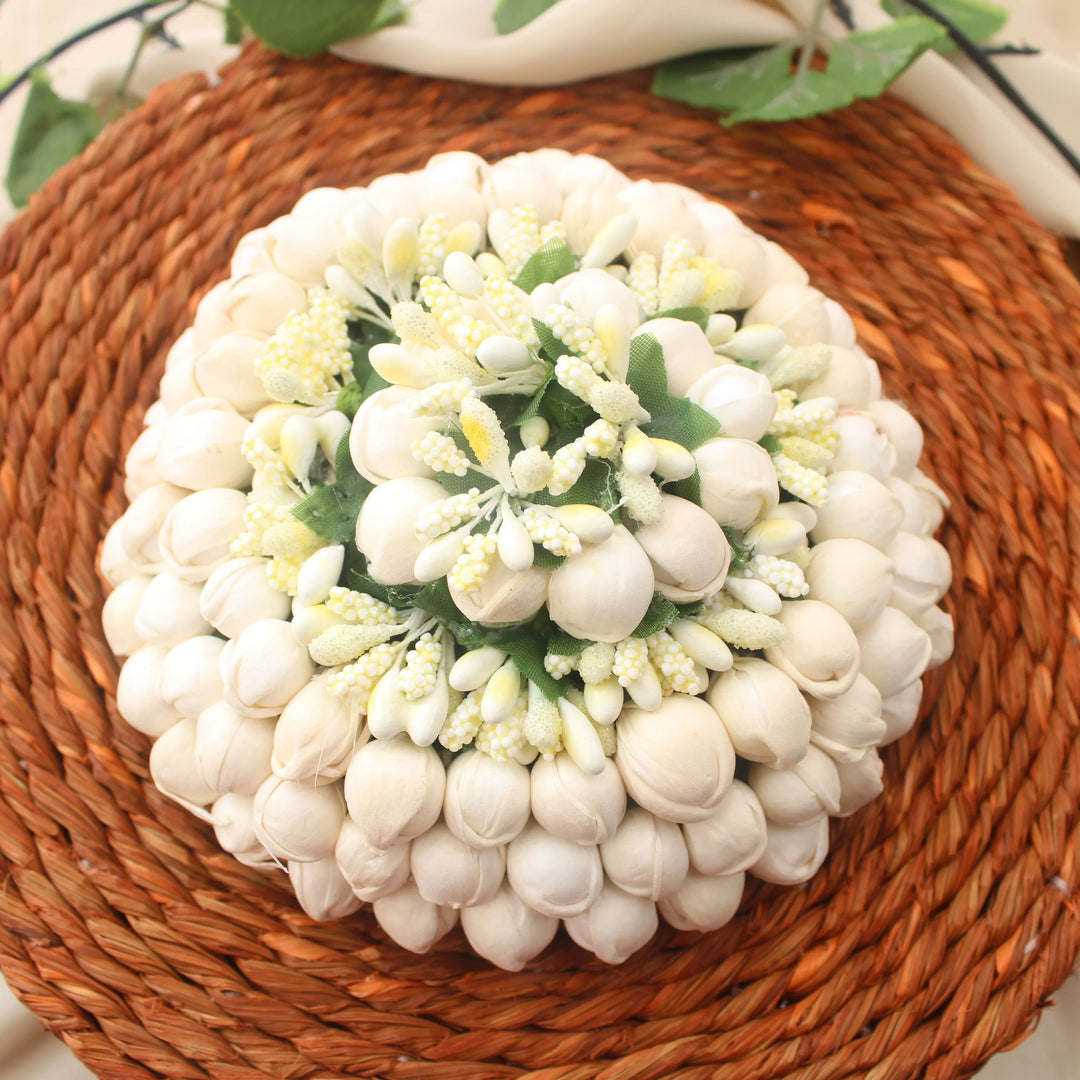 Full White Artificial Jasmine Veni Gajra – Bridal Bun Hair Accessory - Sparkle and Glow