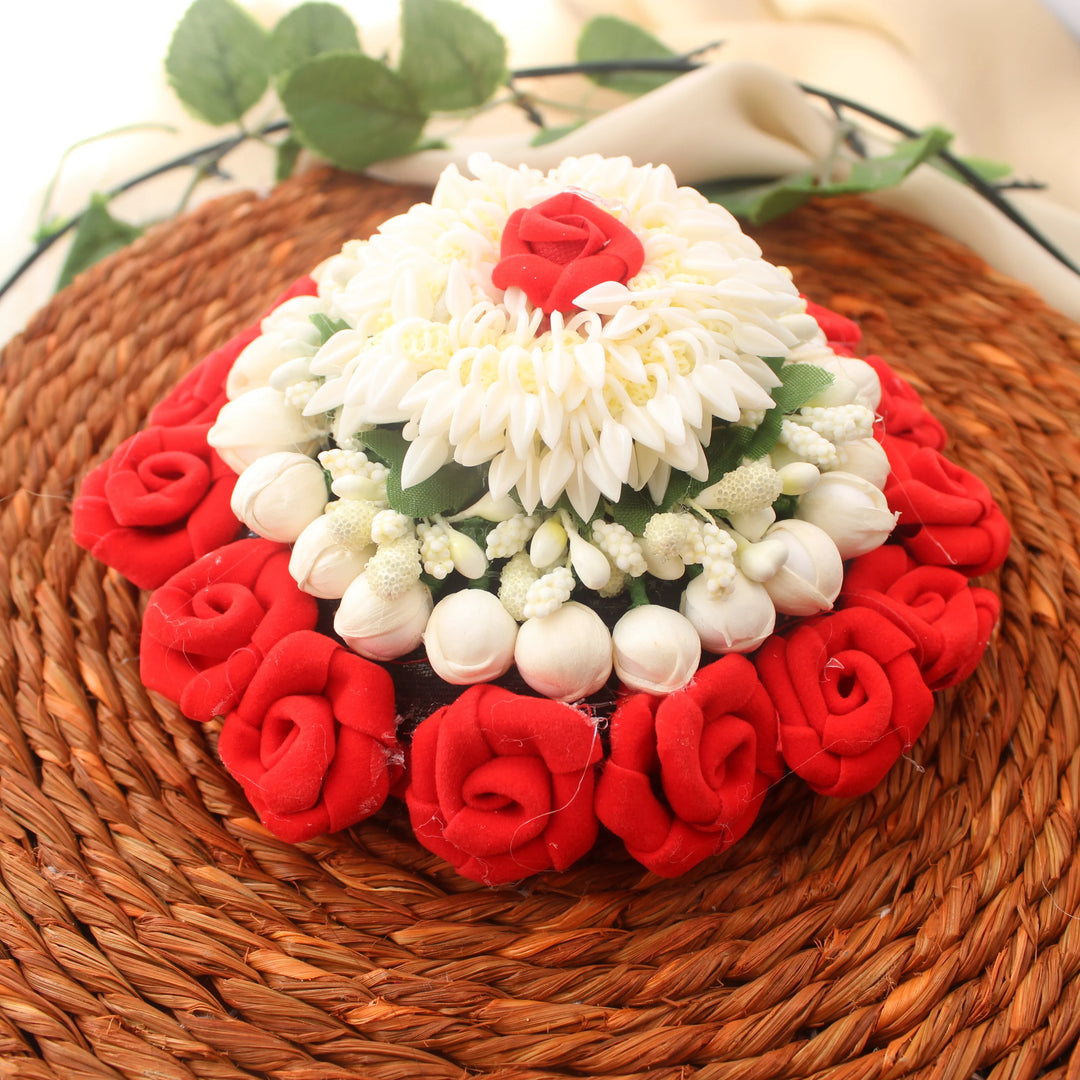 Layered Red & White Floral Juda Gajra with Jasmine Buds - Sparkle and Glow