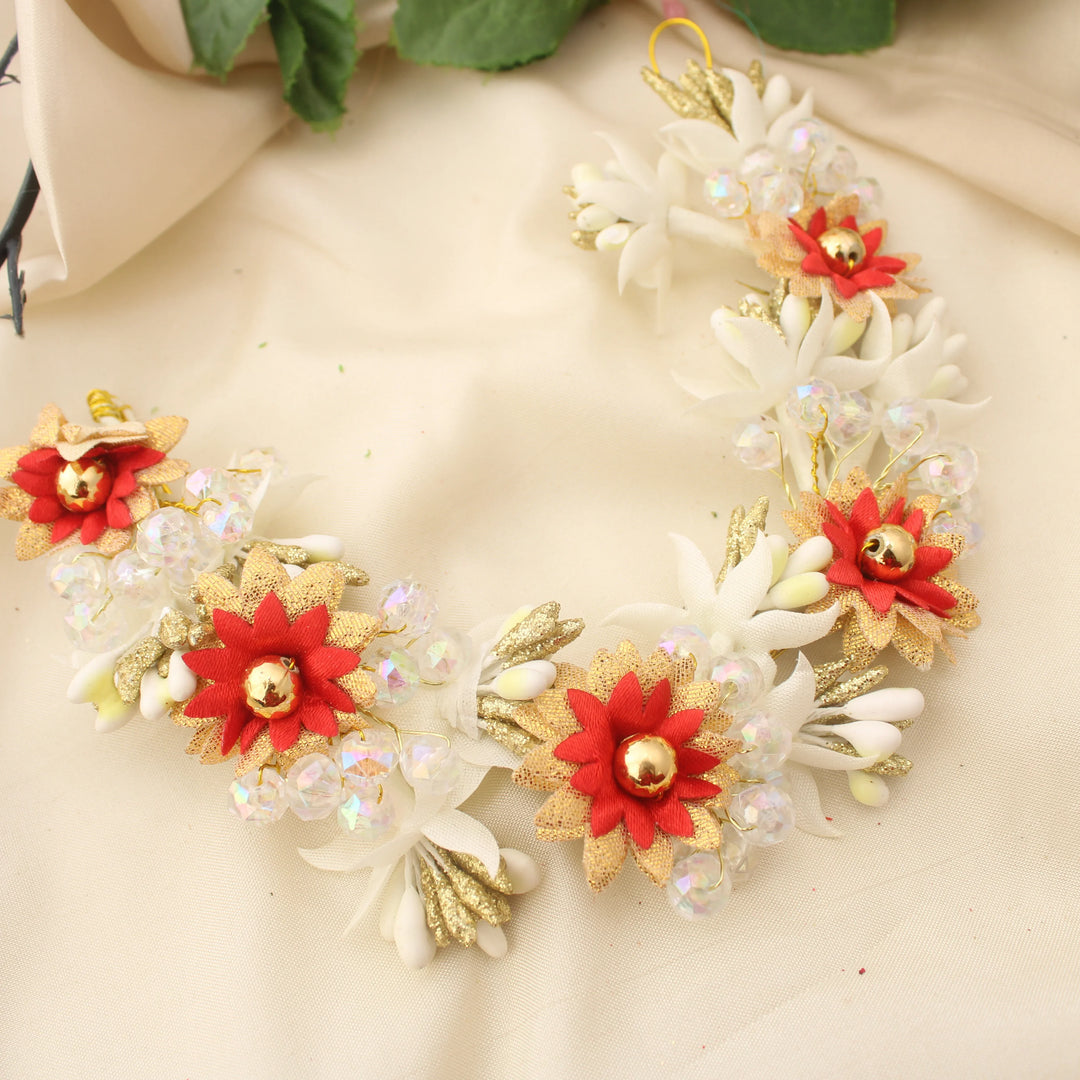 Red & Gold Floral Artificial Hair Gajra - Sparkle and Glow